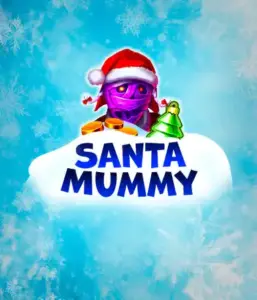  Experience the whimsical "Santa Mummy" slot game by Belatra, showcasing a Santa-clad mummy dressed in festive holiday attire. This colorful image portrays the mummy with a vivid purple hue, wearing a Santa hat, against a backdrop of snowy blue with icy snowflakes. The game's title, "Santa Mummy," is clearly shown in large, frost-like blue letters.